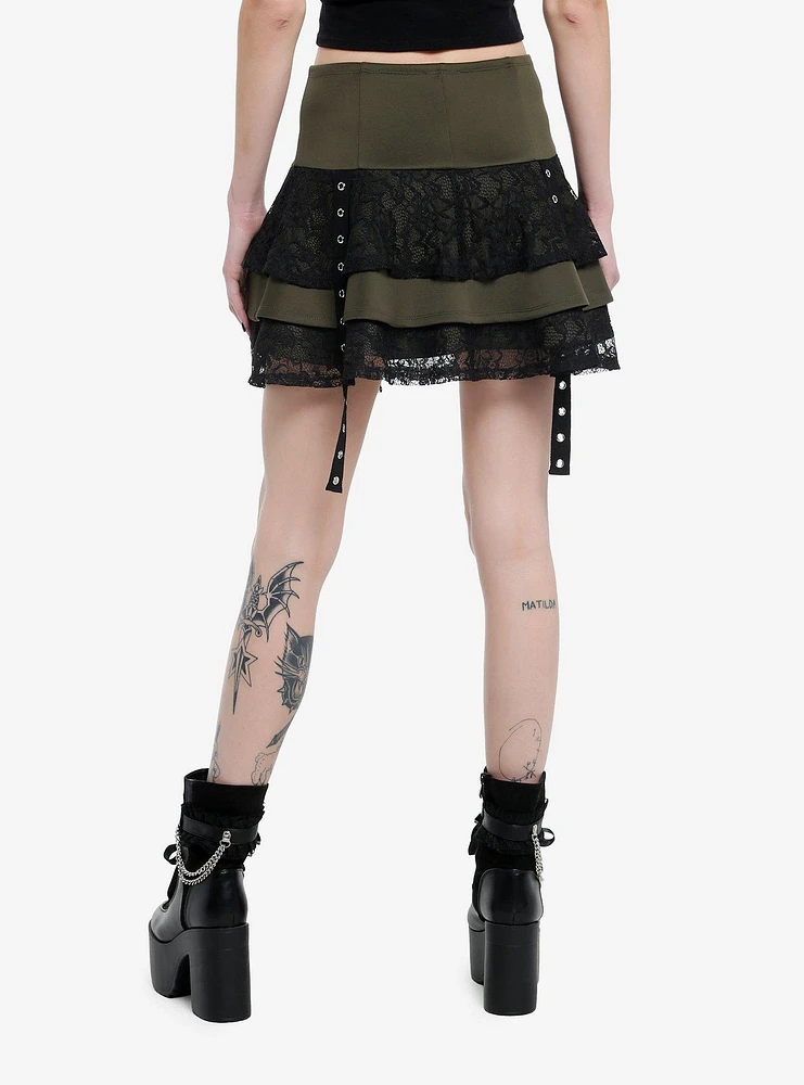 Social Collision Olive & Black Lace Grommet Strap Tiered Skirt