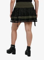 Social Collision Olive & Black Lace Grommet Strap Tiered Skirt Plus