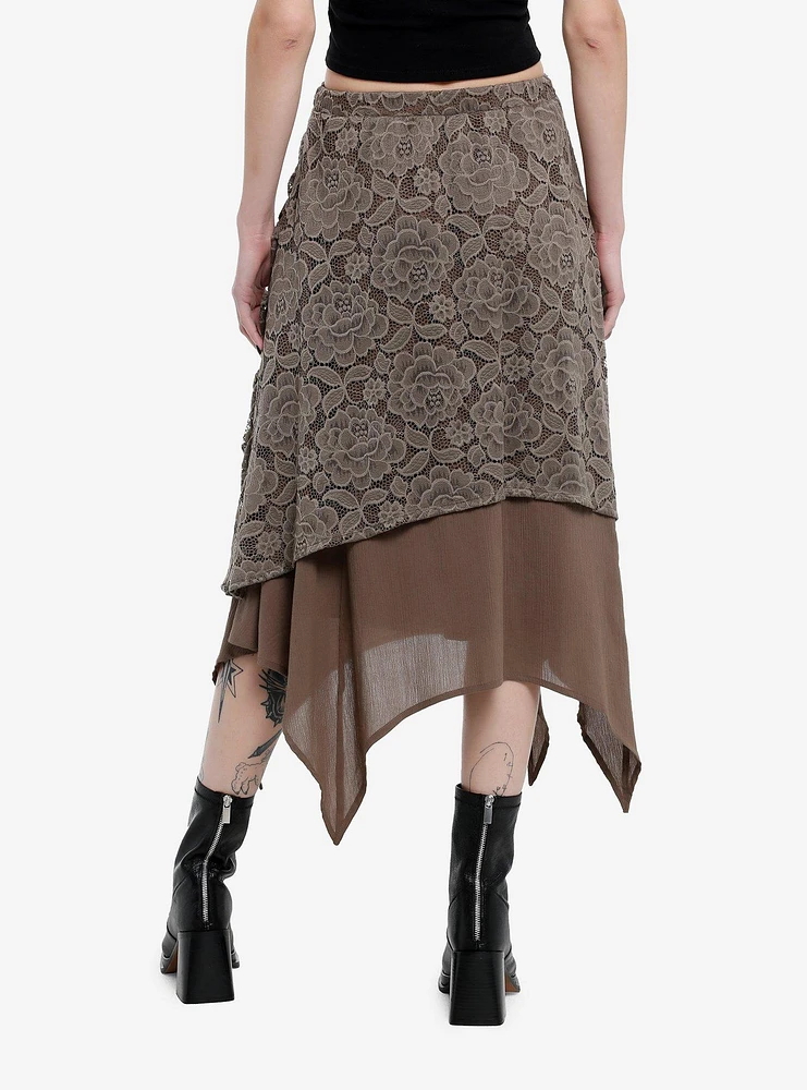 Thorn & Fable Brown Lace Ruched Hanky Hem Midi Skirt