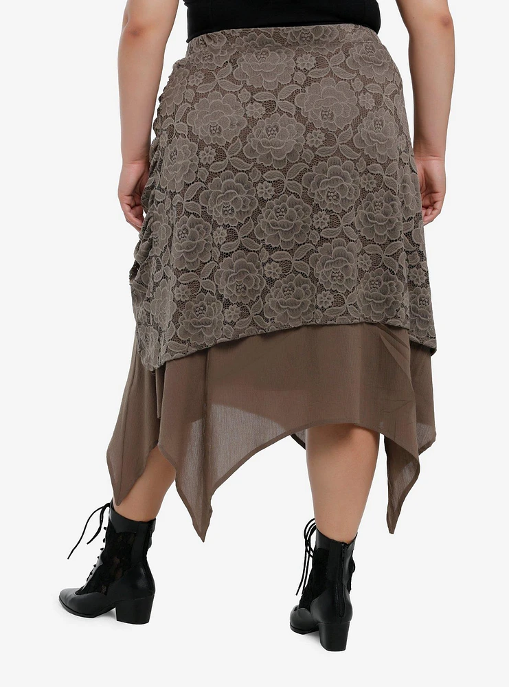 Thorn & Fable Brown Lace Ruched Hanky Hem Midi Skirt Plus