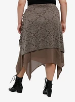 Thorn & Fable Brown Lace Ruched Hanky Hem Midi Skirt Plus