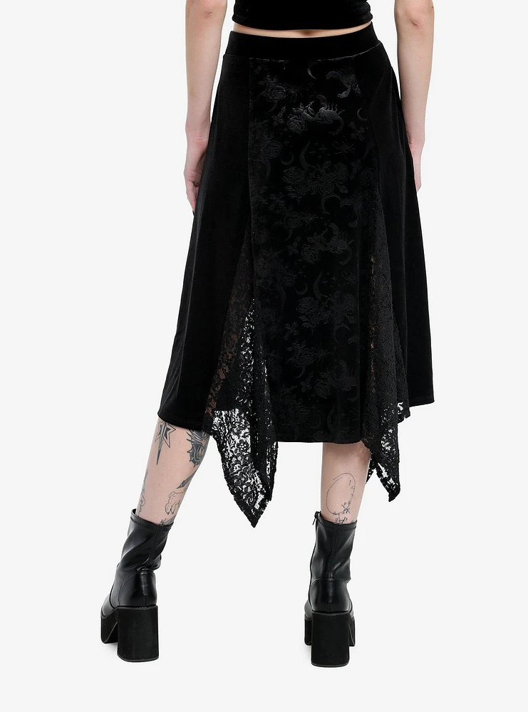 Cosmic Aura Black Velvet Lace Godet Midi Skirt