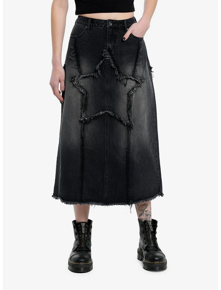 Social Collision Frayed Star Denim Midaxi Skirt