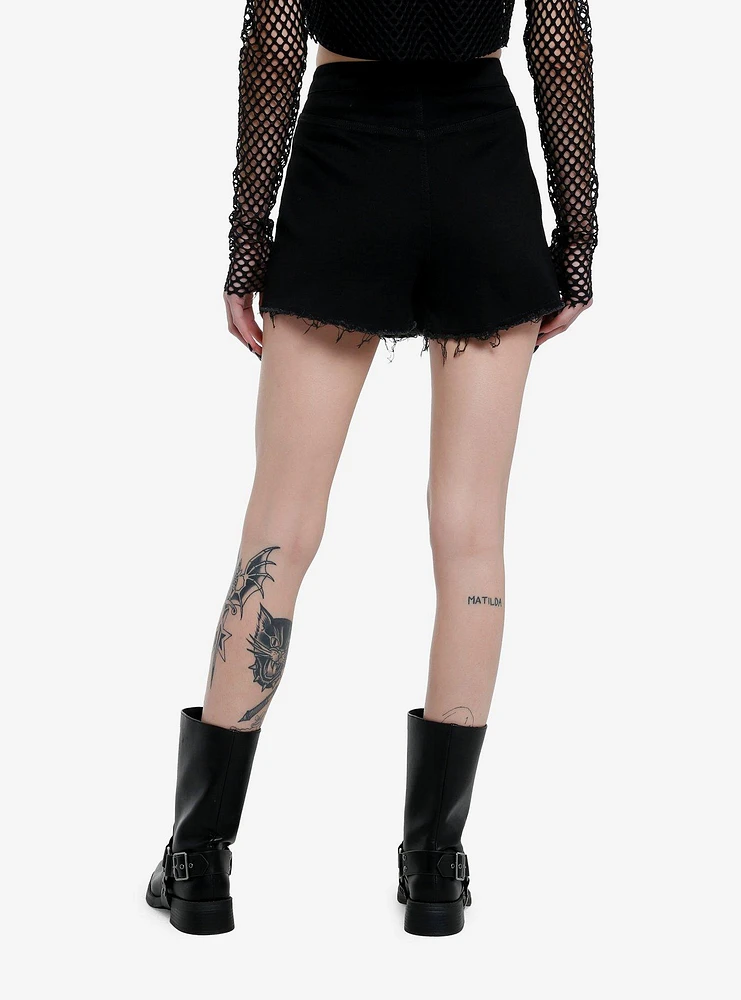 Black Zipper Frayed Denim Skort