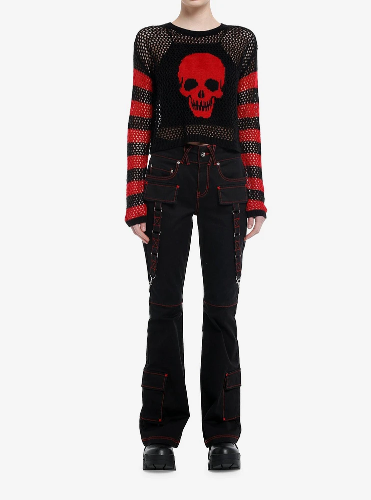 Social Collision Red & Black Stripe Skull Open Knit Girls Crop Sweater