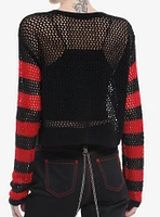 Social Collision Red & Black Stripe Skull Open Knit Girls Crop Sweater