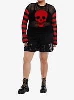 Social Collision Red & Black Stripe Skull Open Knit Girls Crop Sweater Plus