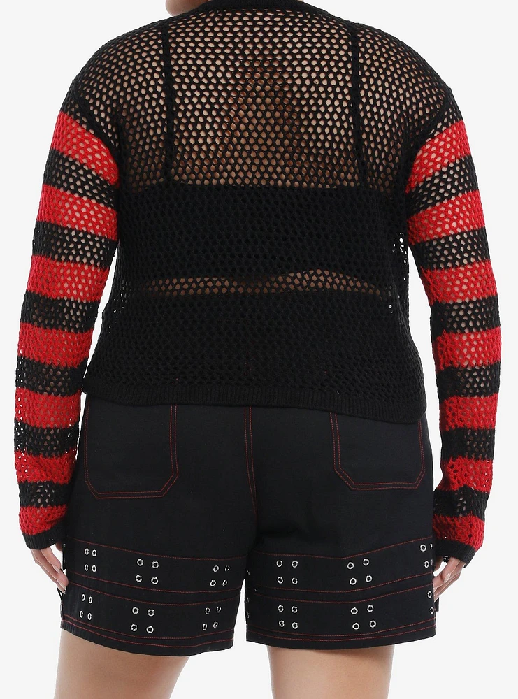 Social Collision Red & Black Stripe Skull Open Knit Girls Crop Sweater Plus