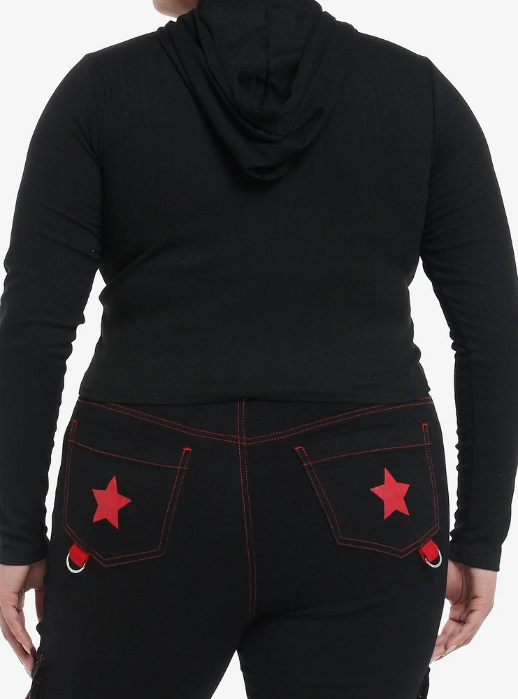 Social Collision Red Star Ribbed Girls Crop Hoodie Plus