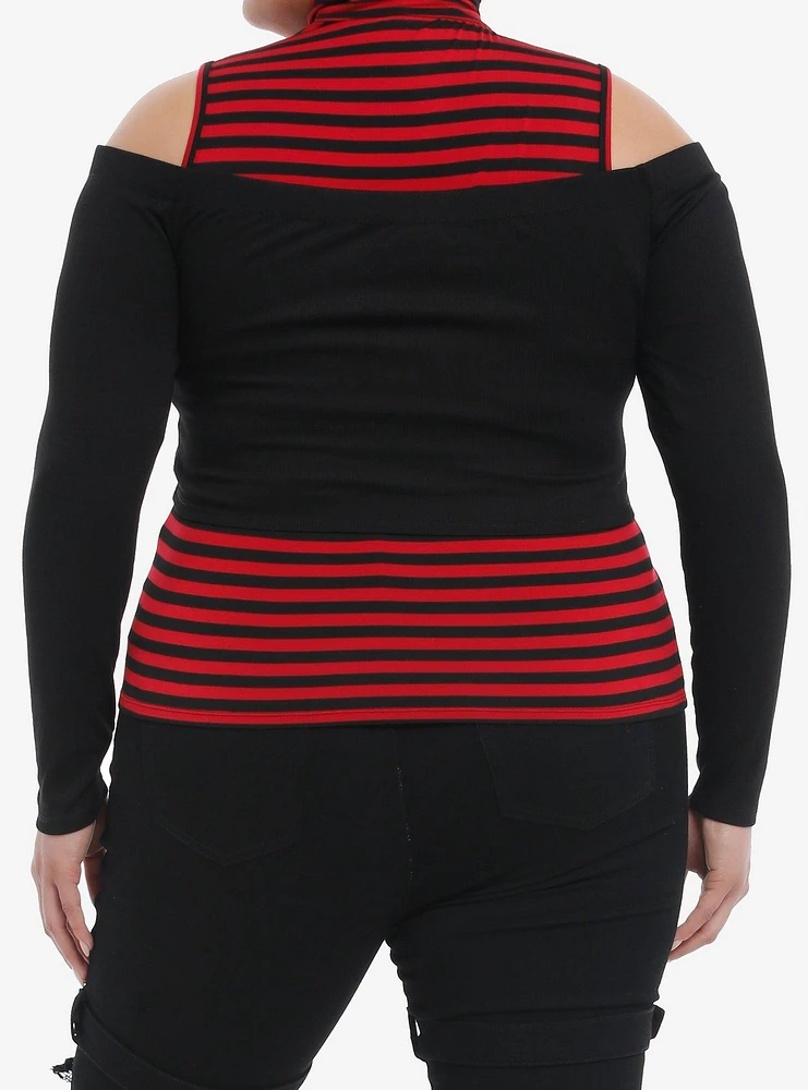 Social Collision Black & Red Stripe Girls Mock Neck Twofer Plus