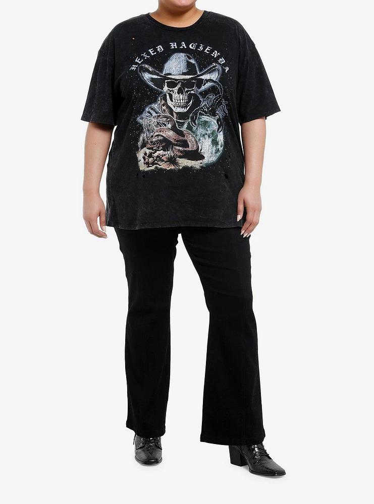 Cosmic Aura Skull Cowboy Destructed Mineral Wash Girls Oversized T-Shirt Plus