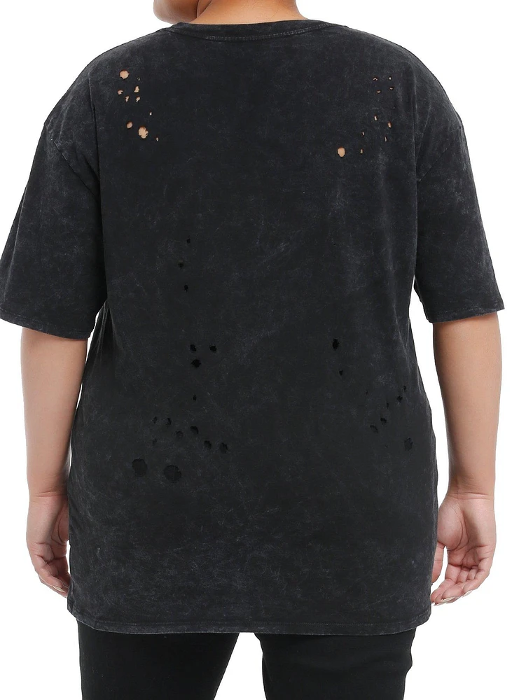 Cosmic Aura Skull Cowboy Destructed Mineral Wash Girls Oversized T-Shirt Plus