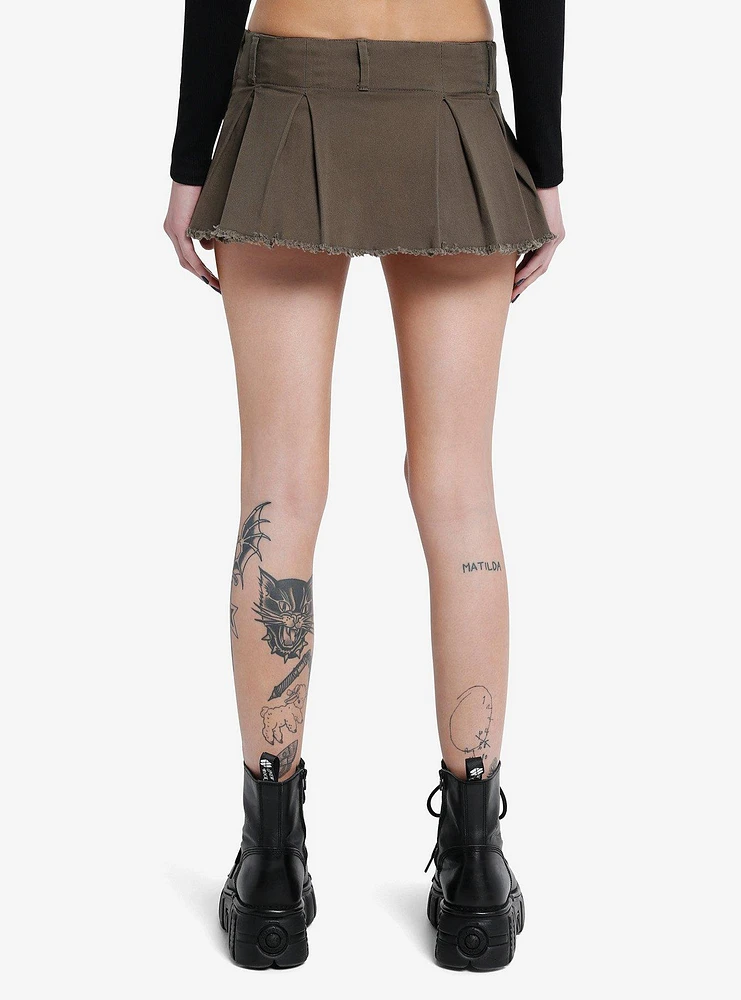 Olive Frayed Pleated Micro Skort