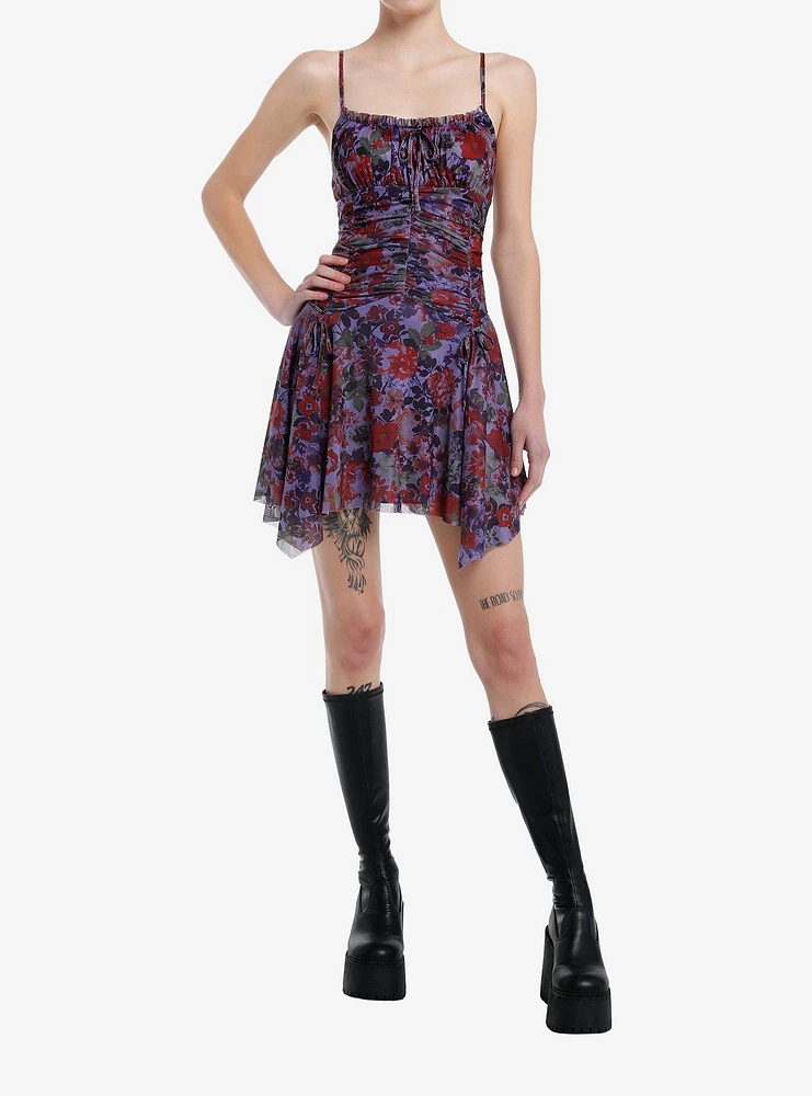Purple & Red Floral Ruched Hanky Hem Dress