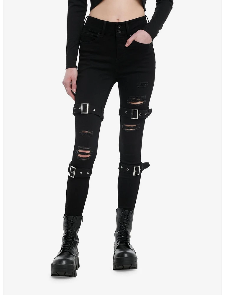 Black Ultra Hi-Rise Buckle Girls Super Skinny Jeans