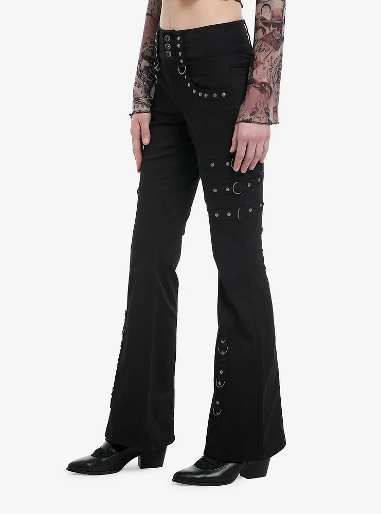 Black Stud D-ring Flare Pants