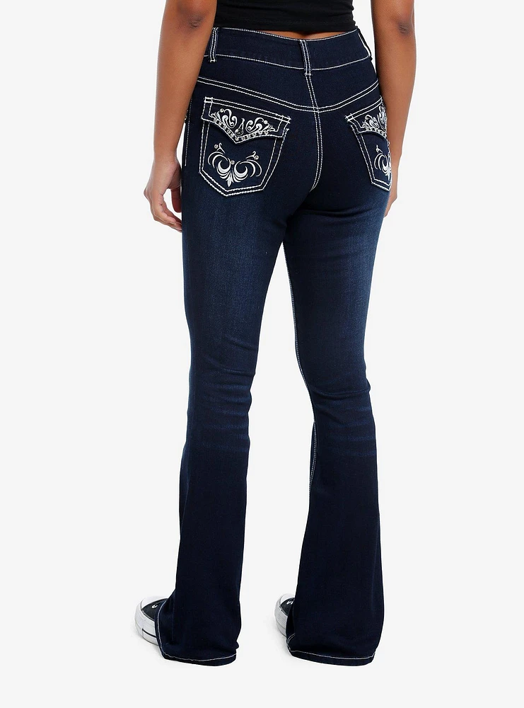 Dark Indigo Filigree Rhinestone Flare Denim Pants