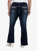 Dark Indigo Filigree Rhinestone Flare Denim Pants Plus