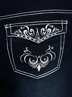 Dark Indigo Filigree Rhinestone Flare Denim Pants Plus