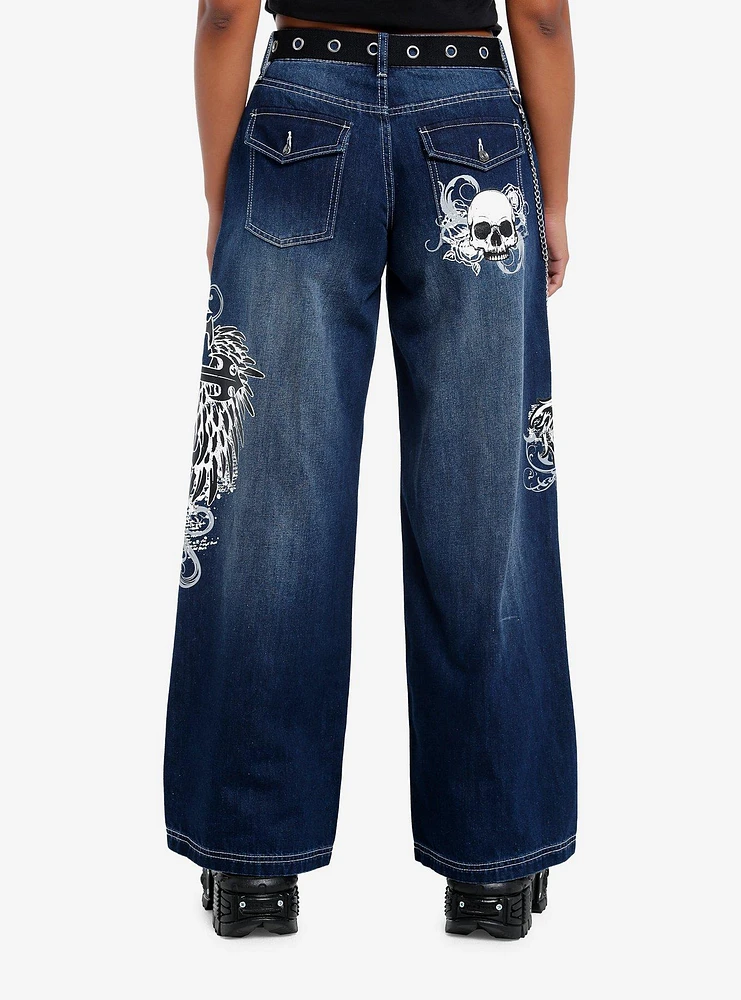 Skull & Gothic Cross Dark Wash Girls Wide-Leg Jeans