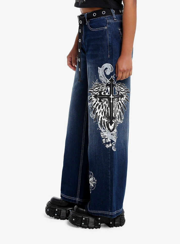 Skull & Gothic Cross Dark Wash Girls Wide-Leg Jeans