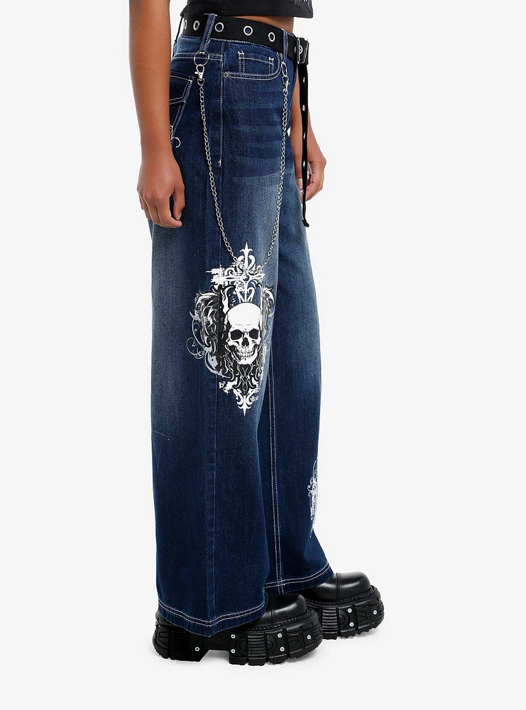 Skull & Gothic Cross Dark Wash Girls Wide-Leg Jeans