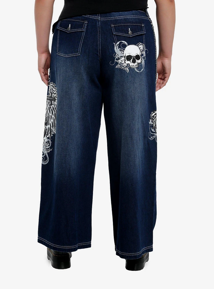 Skull & Gothic Cross Dark Wash Girls Wide-Leg Jeans Plus