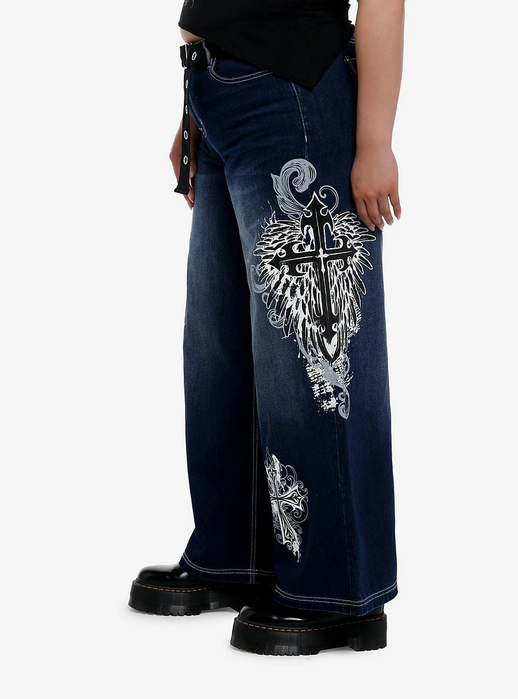 Skull & Gothic Cross Dark Wash Girls Wide-Leg Jeans Plus