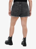 Distressed Skull Patch Dark Wash High Rise Denim Shorts Plus