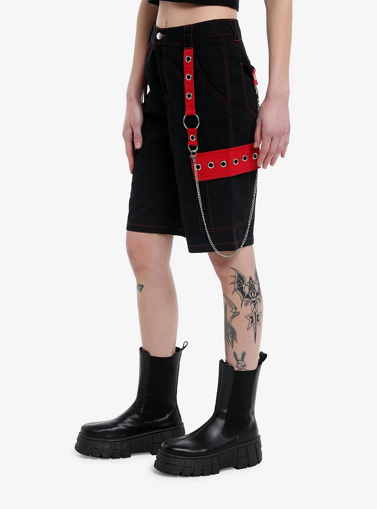 Social Collision Black & Red Grommet Chain Carpenter Shorts