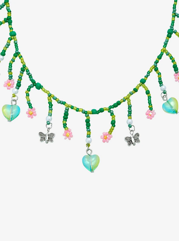 Thorn & Fable Butterfly Floral Heart Bead Necklace