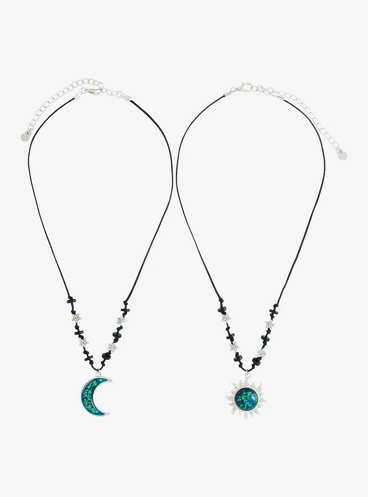 Cosmic Aura Blue Speckled Moon & Sun Best Friend Necklace Set