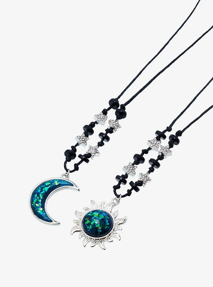 Cosmic Aura Blue Speckled Moon & Sun Best Friend Necklace Set