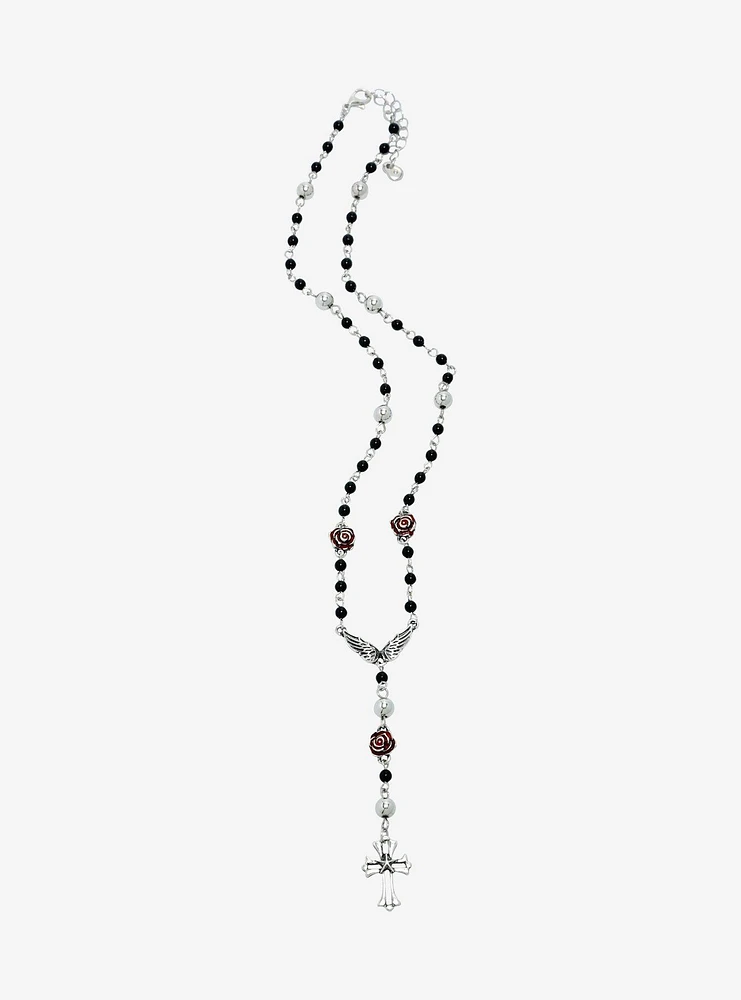 Social Collision Goth Cross Red Rose Lariat Necklace