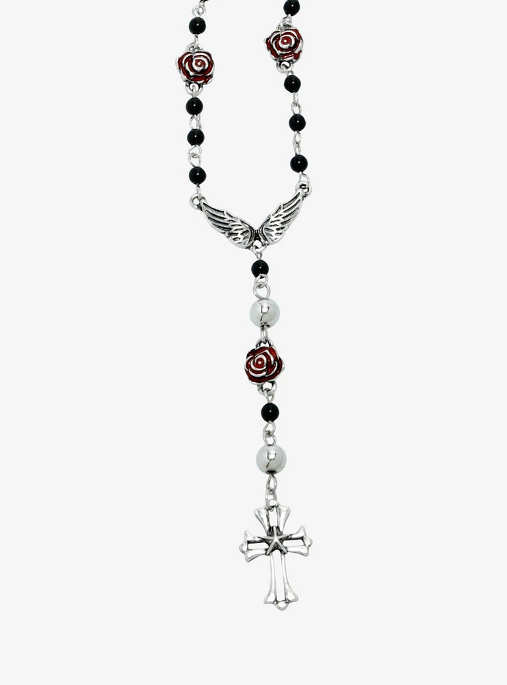 Social Collision Goth Cross Red Rose Lariat Necklace