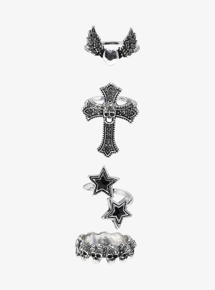 Social Collision Skull Cross Star Ring Set