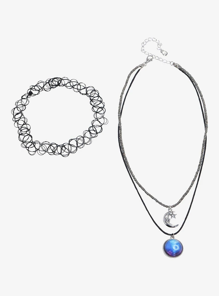 Cosmic Aura Blue Orb Moon Tattoo Choker Necklace Set