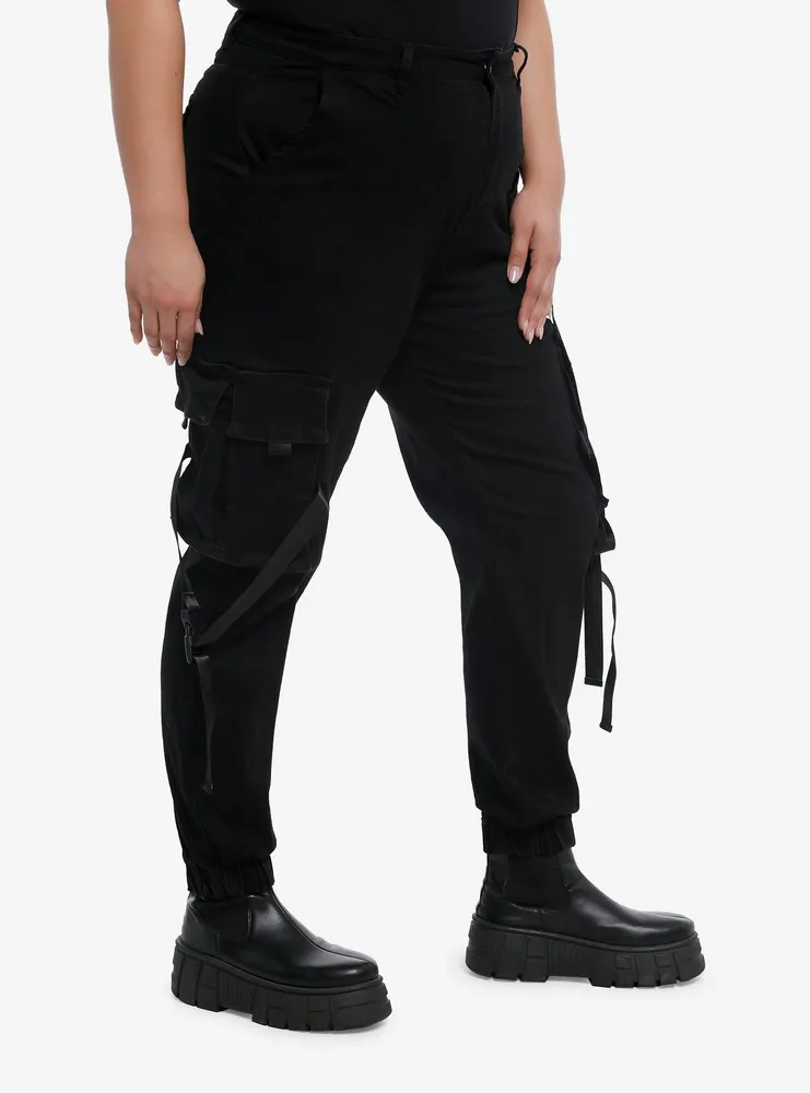 Black Denim Cargo Pockets & Straps Girls Jogger Pants Plus