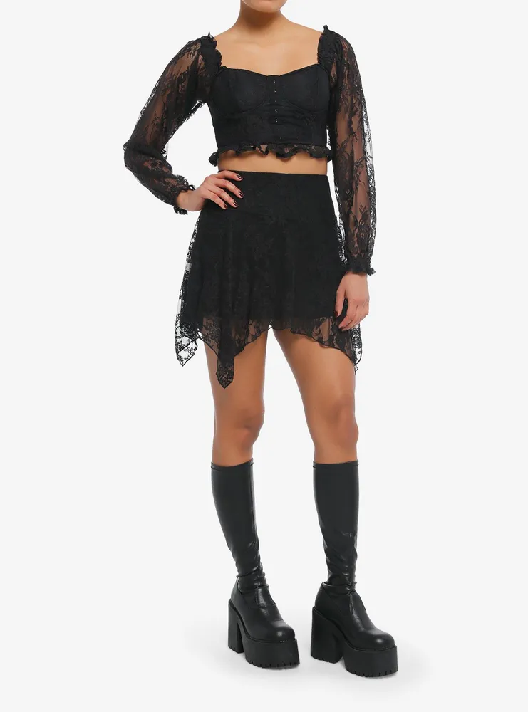 Thorn & Fable Black Lace Corset Girls Crop Long-Sleeve Top