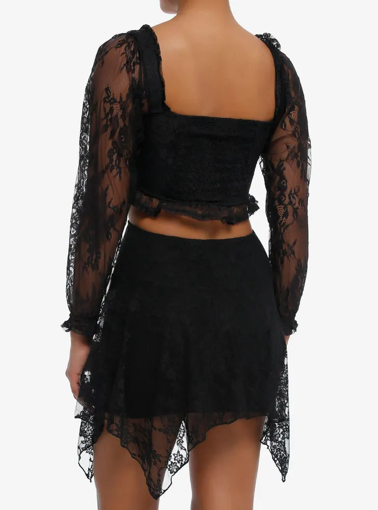 Thorn & Fable Black Lace Corset Girls Crop Long-Sleeve Top