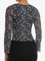 Thorn & Fable Black White Floral Mesh Girls Long-Sleeve Top