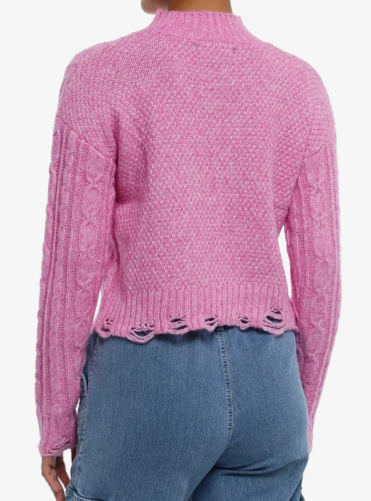 Magenta Cable Knit Girls Crop Sweater