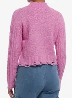 Magenta Cable Knit Girls Crop Sweater