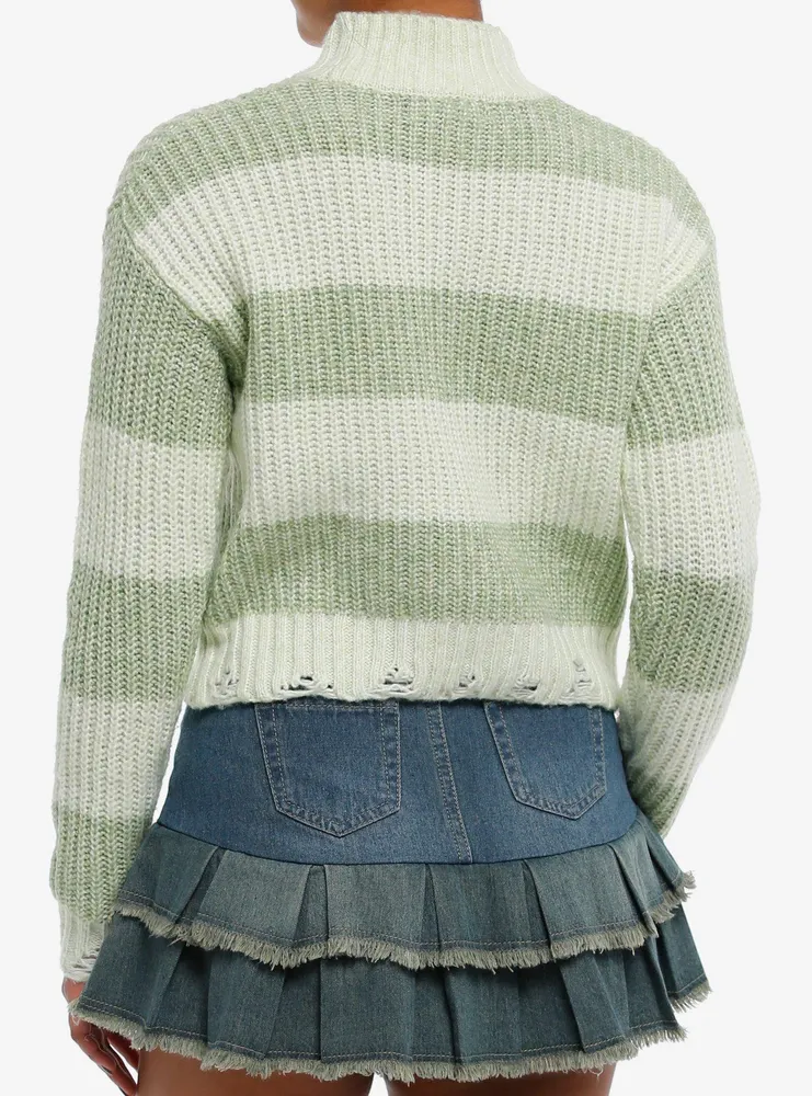 Light Green Stripe Cable Knit Girls Crop Sweater