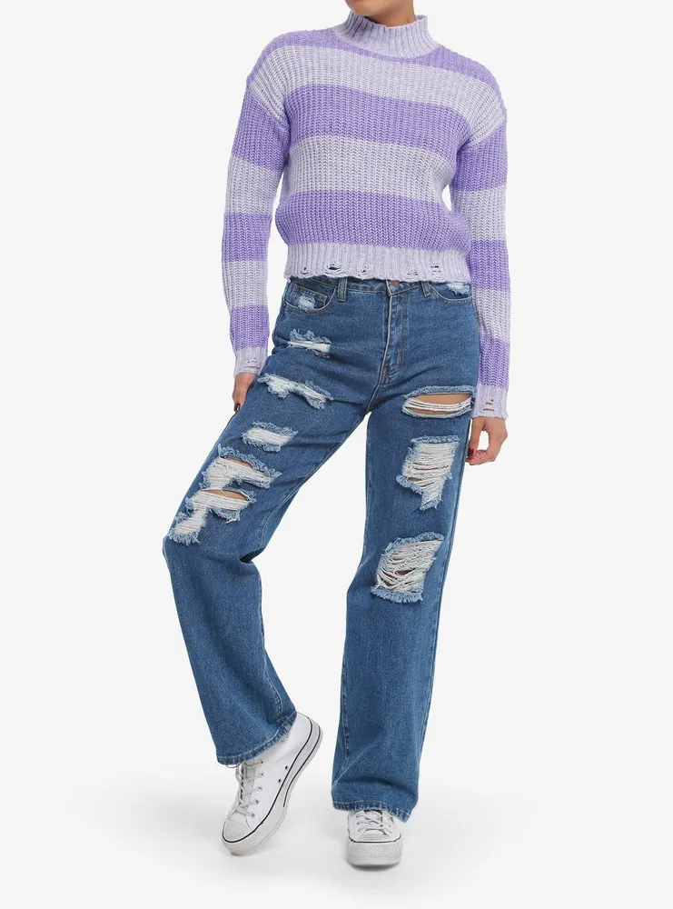 Lavender Purple Stripe Cable Knit Girls Crop Sweater