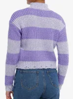 Lavender Purple Stripe Cable Knit Girls Crop Sweater