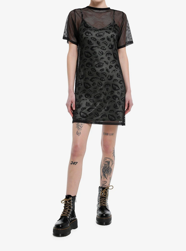 Social Collision Eyes Fishnet Twofer Dress