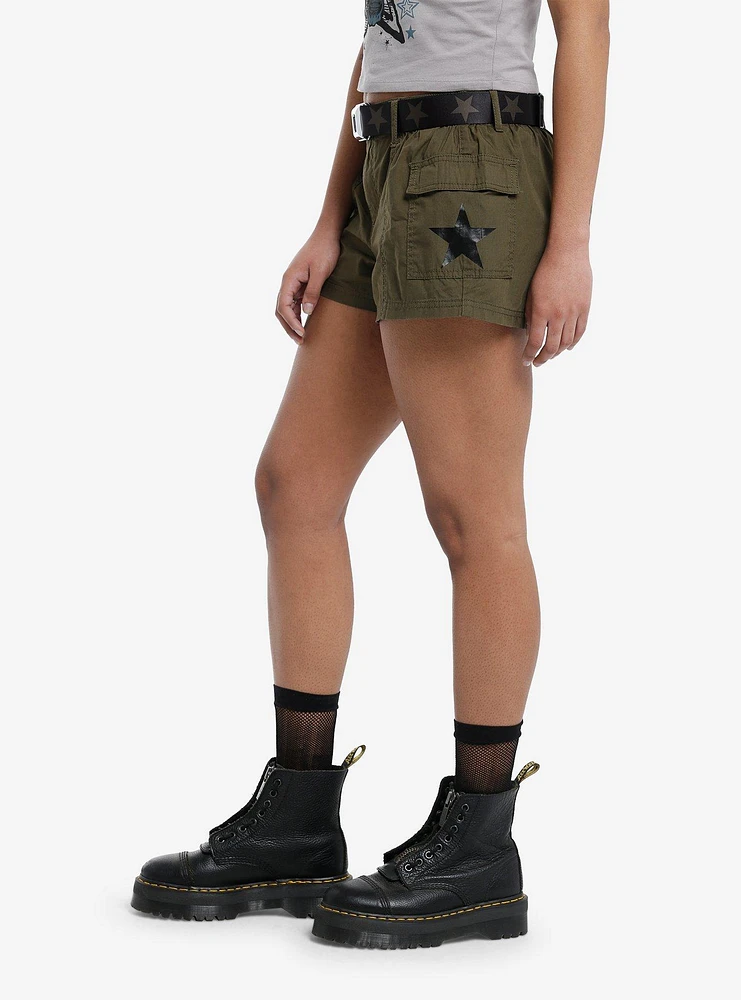 Social Collision® Army Green Star Belted Girls Cargo Shorts