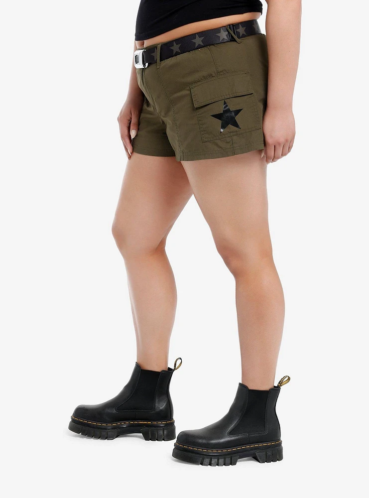 Social Collision Army Green Star Belted Girls Cargo Shorts Plus
