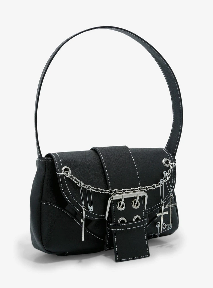 Safety Pin Cross Charm Baguette Bag